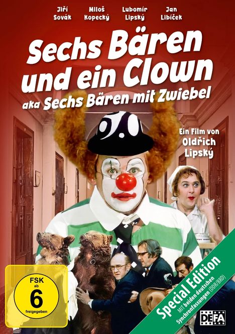 „Sechs Bären und ein Clown“ in weißer Schrift, Clown mit roter Nase und Perücke, FSK 6, Bären, Personen in klassischer Kleidung.