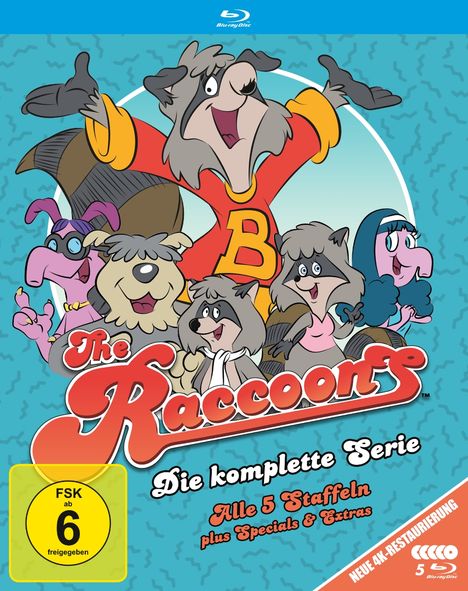 "The Raccoons" DVD-Cover, Cartoon-Waschbär im roten Anzug mit Freude umgeben von bunten Tierfiguren. FSK ab 6. Alle 5 Staffeln.