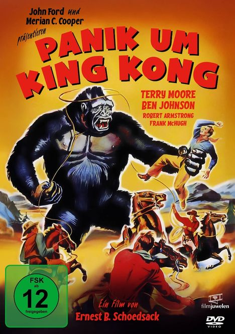 Ein Comic-Gorilla hält einen Mann, Cowboys auf Pferden um ihn herum. Texte: "Panik um King Kong", Cast, FSK 12.