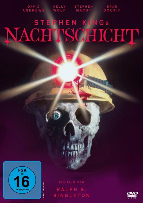 Titel: "Stephen King’s Nachtschicht", von Ralph S. Singleton, FSK 16. Illustration eines Schädels mit Helm und Licht.