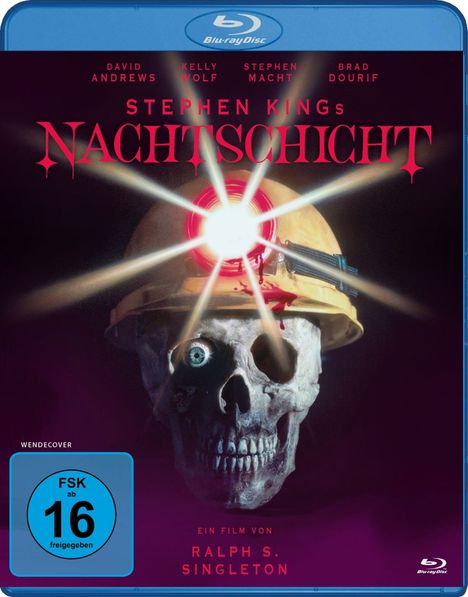 "Stephen Kings Nachtschicht", Filmdetails oben, Schädel mit Helm und Lampe, FSK-Logo ab 16, Ein Film von Ralph S. Singleton.
