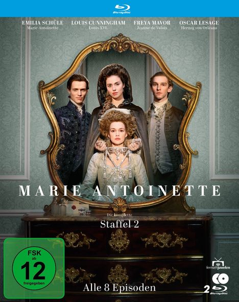 Blu-ray-Cover: "Marie Antoinette - Staffel 2, Alle 8 Episoden". Vier elegant gekleidete Personen vor einem Spiegel.
