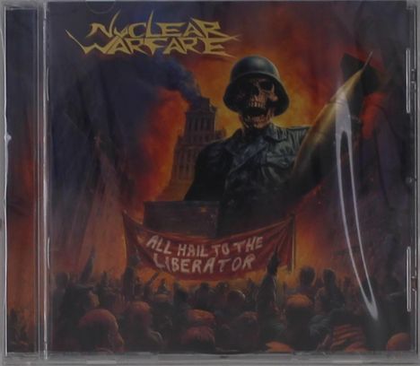 Oben steht "NUCLEAR WARFARE", unten "ALL HAIL TO THE LIBERATOR". Skelett in Uniform mit Helm und Rakete, feurige Kulisse.