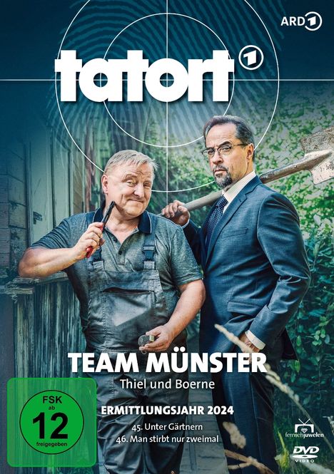 Tatort-Logo, ARD-Logo, Team Münster, Thiel und Boerne, Ermittlungsjahr 2024. Zwei Männer; einer in Anzug, einer in Arbeitskleidung.