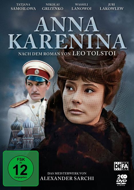 „Anna Karenina“ nach dem Roman von Leo Tolstoi, Filmplakat mit einer Frau und einem Mann in Uniform vor russischer Kulisse.