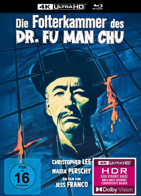 Titel: Die Folterkammer des Dr. Fu Man Chu. Illustration eines Mannes mit finsterem Blick, blauer Hintergrund.
