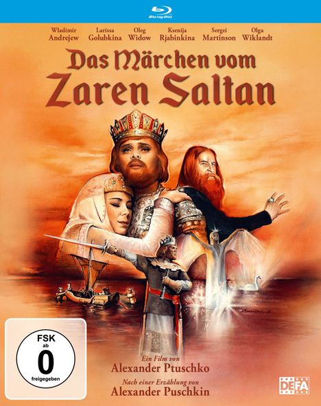 „Das Märchen vom Zaren Saltan“, mit Namen wie Wladimir Andrejew oben. Zenter: Zar in Krone, Frau, Boote und Schwan.