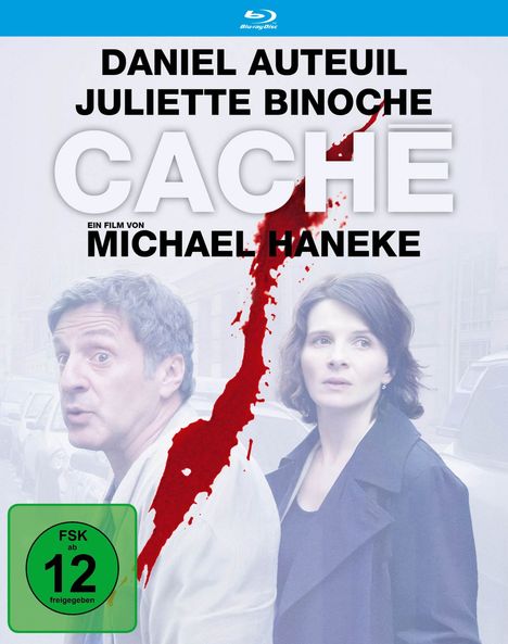 Text: "Daniel Auteuil, Juliette Binoche, Caché, Ein Film von Michael Haneke, FSK ab 12 freigegeben." Zwei Personen im Hintergrund.