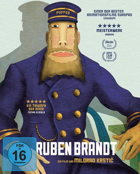 „Einer der besten Animationsfilme Europas“, „Meisterwerk“, „Ein Triumph der Sinne“. Illustration eines Mannes in Uniform.