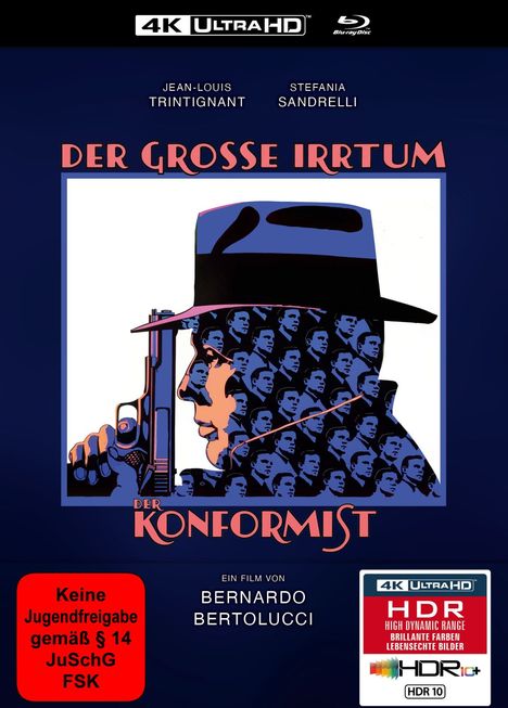 „DER GROSSE IRRTUM DER KONFORMIST“, keine Jugendfreigabe, Film von Bernardo Bertolucci. Illustration eines Mannes mit Hut.