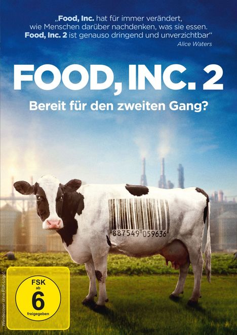 "Food, Inc. 2. Bereit für den zweiten Gang?" Eine Kuh mit einem Barcode auf der Seite steht auf einer Wiese.