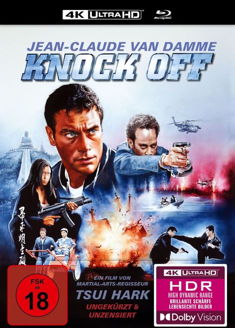 Oben: "Jean-Claude Van Damme, Knock Off". Großes Porträt eines ernsthaften Mannes in einer Actionszene mit Explosionen.