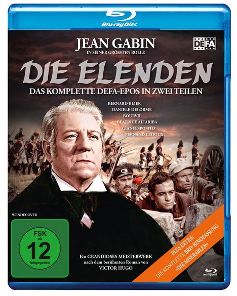 "Jean Gabin in seiner größten Rolle. Die Elenden. Das komplette DEFA-Epos in zwei Teilen." FSK 12. Männer in historischen Kostümen.