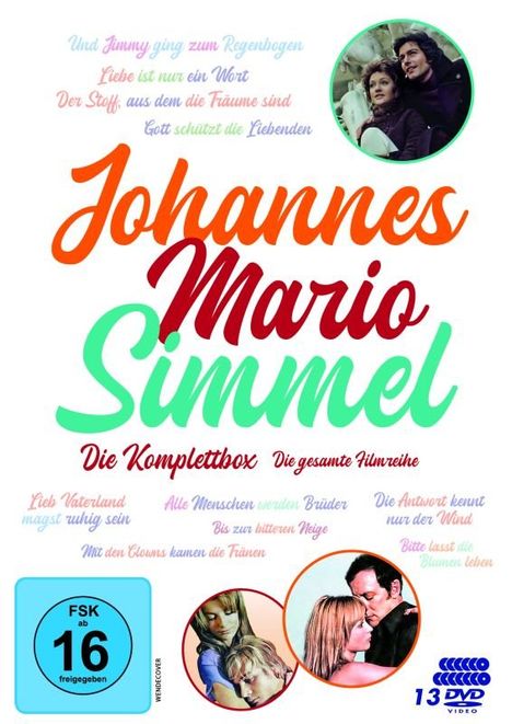 Text: "Johannes Mario Simmel", "Die Komplettbox", "Die gesamte Filmreihe", FSK 16. Drei runde Filmfotos, romantische Szenen.