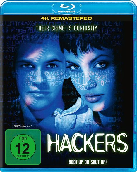 "4K REMASTERED", "THEIR CRIME IS CURIOSITY", "FSK ab 12 freigegeben", "HACKERS", "BOOT UP OR SHUT UP!". Zwei Gesichter, blau beleuchtet.