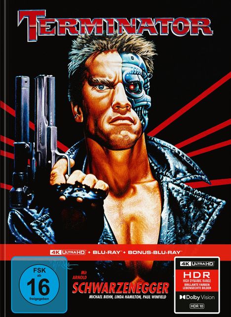 "Titel: TERMINATOR. FSK 16. Mit Arnold Schwarzenegger. Illustration: Mann teils Cyborg, rote Strahlen, Lederjacke."
