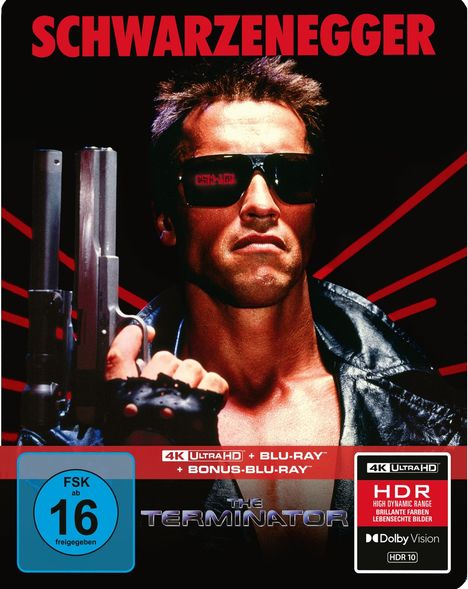 "Schwarzenegger", "FSK ab 16 freigegeben", "The Terminator", rote Sonnenbrille, Lederjacke, großkalibrige Waffe.