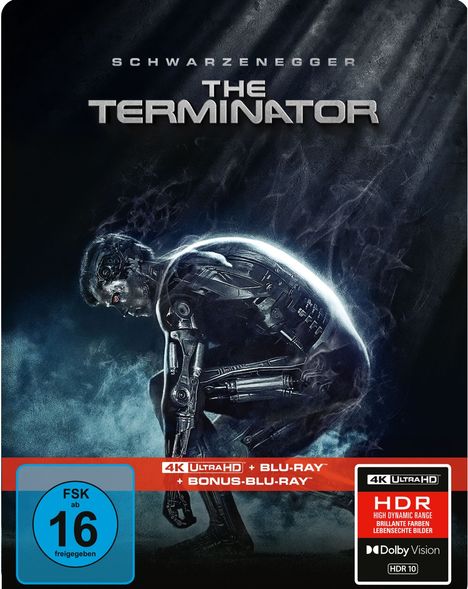SCHWARZENEGGER, THE TERMINATOR, 4K ULTRA HD + BLU-RAY + BONUS-BLU-RAY, FSK ab 16 freigegeben. Illustration eines humanoiden Roboters.