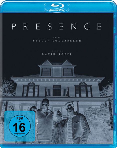 Text: "PRESENCE", "REGIE STEVEN SODERBERGH", "DREHBUCH DAVID KOEPP", "FSK ab 16 freigegeben". Negativbild eines Hauses.