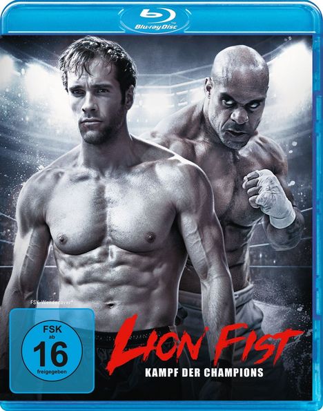 Text: "Lion Fist: Kampf der Champions", FSK 16. Zwei muskulöse Männer in Kampfpose, mit Boxhandschuhen, vor Stadionatmosphäre.