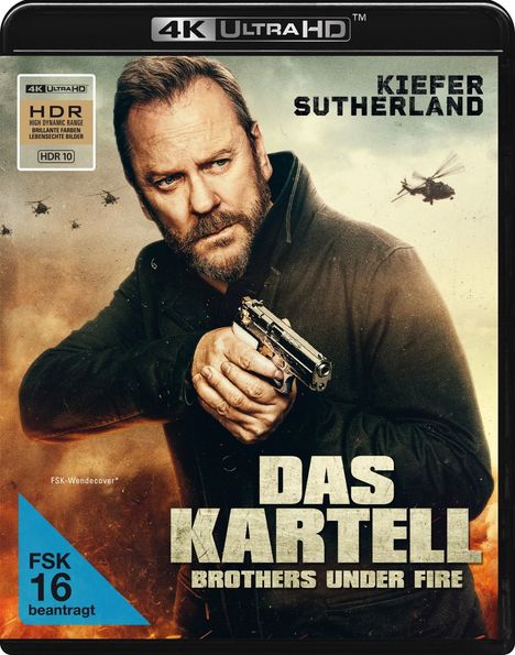 "4K Ultra HD", "Das Kartell", "Brothers Under Fire". Mann mit Waffe, Hubschrauber im Hintergrund. FSK 16 beantragt.