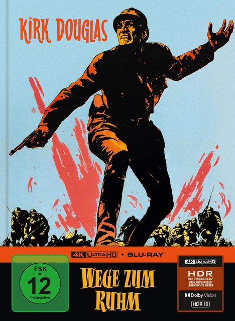 Text: "Kirk Douglas", "4K Ultra HD + Blu-ray", "FSK ab 12 freigegeben", "Wege zum Ruhm". Illustration: Mann mit Helm und Soldaten im Hintergrund.