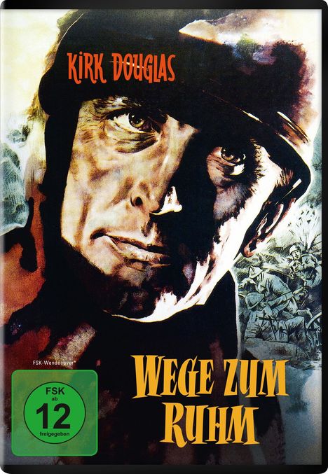 „Kirk Douglas“, „Wege zum Ruhm“, FSK 12-Symbol. Illustration eines Gesichts mit Soldatenszene im Hintergrund.