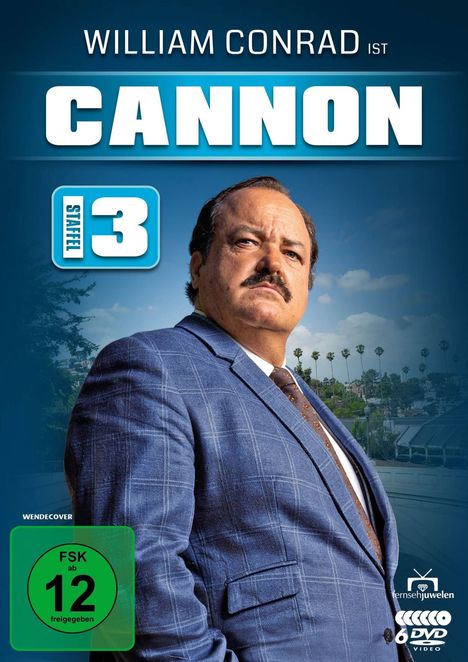Aufschrift: "William Conrad ist Cannon, Staffel 3." Ein Mann im Anzug steht selbstbewusst vor einer Stadtlandschaft.
