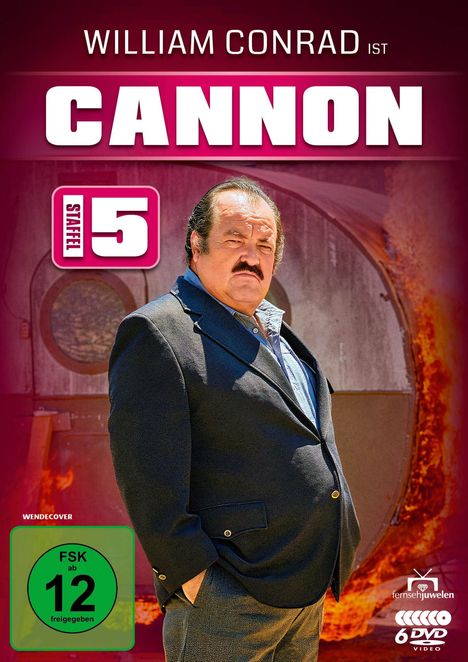 "CANNON Staffel 5, FSK 12 freigegeben, 6 DVD Video." Ein Mann in Anzug, ernster Blick, Hintergrund: Feuer und Metallstruktur.