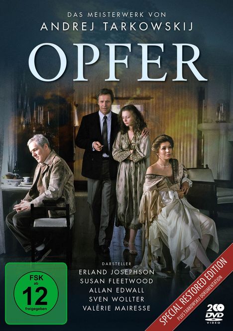 Text: "Das Meisterwerk von Andrej Tarkowskij OPFER", darunter stehen Darstellernamen. Vier Personen sind in eleganter Kleidung.