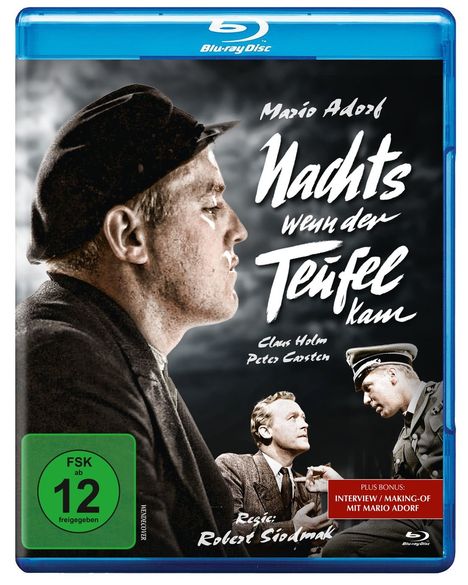 Blu-ray-Hülle mit „Mario Adorf - Nachts, wenn der Teufel kam“. Ein Profilbild eines Mannes und zwei weitere in Uniform.