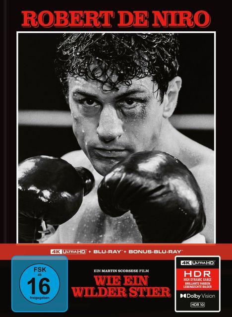 "ROBERT DE NIRO" oben in Rot. Schwarz-weißes Boxermotiv mit Fokus auf das Gesicht und die Handschuhe.