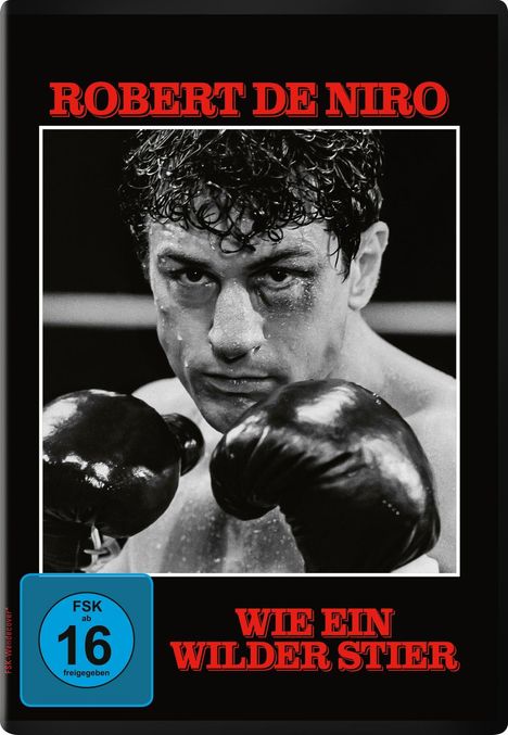 Oben steht "ROBERT DE NIRO", unten "WIE EIN WILDER STIER". Ein Boxer mit ernstem Blick und schwarzen Handschuhen.