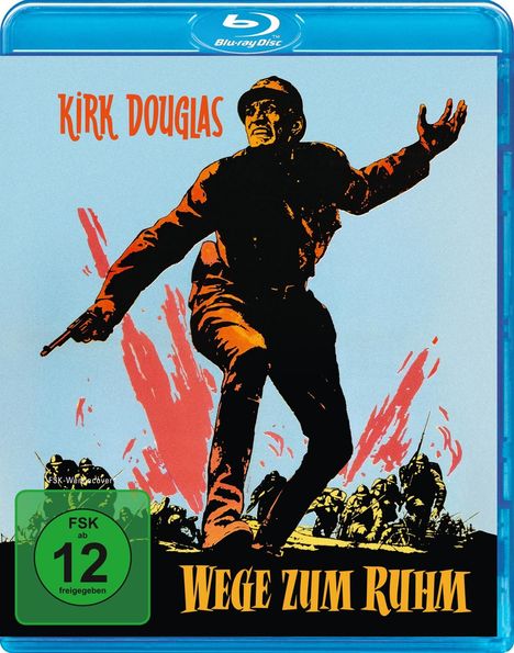 "Kirk Douglas", "Wege zum Ruhm", "FSK ab 12 freigegeben". Soldat in dramatischer Pose vor rotem Hintergrund in Illustration.
