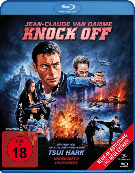 "Jean-Claude Van Damme KNOCK OFF", FSK ab 18. Illustrationen: Kampf, Explosion, Männer mit Waffen, Gebäude, Hubschrauber.