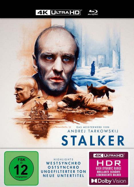 „Stalker“ von Andrej Tarkowskij, FSK 12. Illustrationen von Gesichtern, einer Landschaft mit Schnee und einem Hund. 4K Ultra HD.