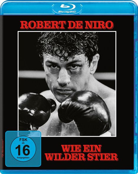Text: "Robert De Niro", "Wie ein wilder Stier", "FSK ab 16 freigegeben". Schwarz-weißes Bild eines Boxers mit Handschuhen.