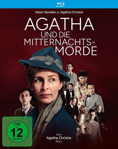 "Agatha und die Mitternachtsmorde"; "FSK ab 12". Eine Frau in Retro-Kleidung vor einer Gruppe von Menschen.