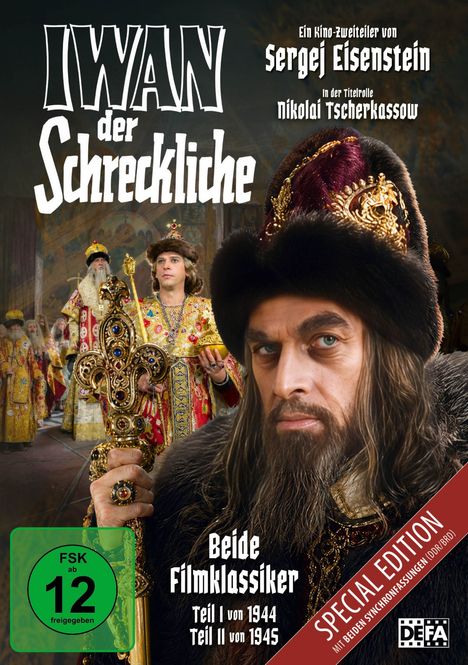 Das Plakat zeigt „IWAN der Schreckliche“. Texte: „Ein Kino-Zweiteiler von Sergej Eisenstein“, „Beide Filmklassiker“, FSK 12.