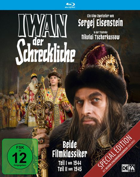 Text: "IWAN der Schreckliche", "Ein Kino-Zweiteiler von Sergej Eisenstein", "Nikolai Tscherkassow", "Beide Filmklassiker", "Teil I von 1944", "Teil II von 1945", "Special Edition", "FSK ab 12 freigegeben".

Beschreibung: Ein Mann in historischer Kleidung mit Pelzhut und Zepter, flankiert von reich gekleideten Personen.