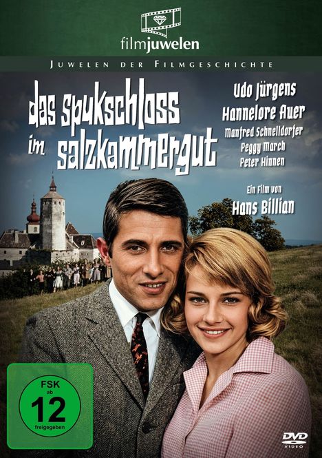 Film: "Das Spukschloss im Salzkammergut", Hauptdarsteller und Crew genannt, Hintergrund zeigt ein altes Schloss.