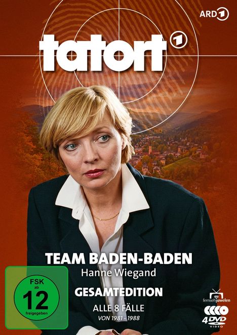 „Tatort“ oben, „Team Baden-Baden, Hanne Wiegand, Gesamtedition, alle 8 Fälle von 1981-1988“ unten. Frau in Anzug.