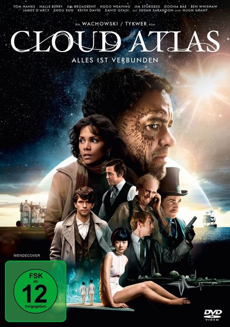 "Cloud Atlas – Alles ist verbunden" steht auf einem Filmplakat mit Gesichtern mehrerer Charaktere vor einem kosmischen Hintergrund.