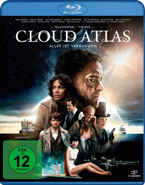 „CLOUD ATLAS – ALLES IST VERBUNDEN“; Gesichter vor kosmischem Hintergrund; FSK 12 Logo unten links.