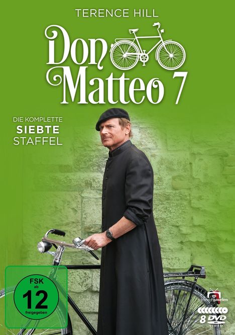 „Don Matteo 7, Die komplette siebte Staffel, FSK ab 12“. Ein Mann in Priesterkleidung mit Fahrrad vor grünem Hintergrund.