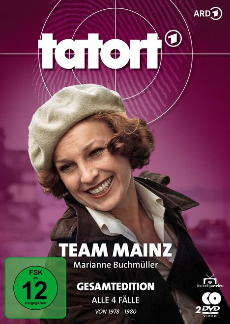 "tatort TEAM MAINZ Marianne Buchmüller GESAMTEDITION ALLE 4 FÄLLE VON 1978 - 1980 FSK 12 freigegeben"; lachende Frau.