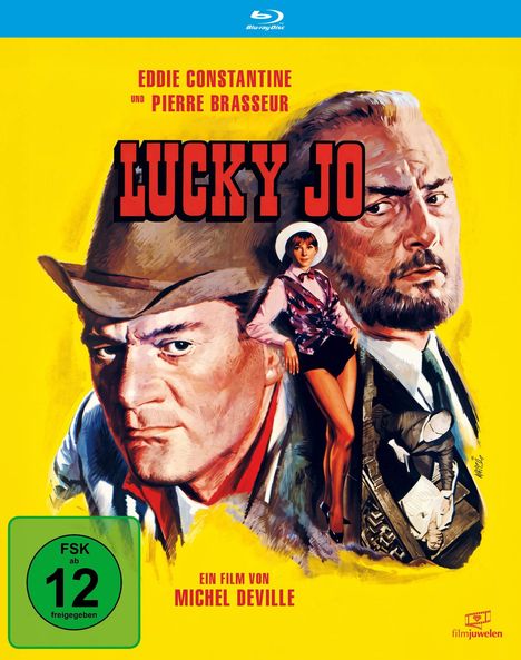 Texte: "Eddie Constantine und Pierre Brasseur, Lucky Jo, Ein Film von Michel Deville, FSK ab 12 freigegeben". Illustration von zwei Männern und einer Frau.