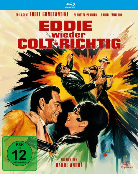 Text: "Eddie wieder Colt-richtig", "FSK ab 12 freigegeben", "Ein Film von Raoul André". Illustration: Mann mit Pistole und Paar.