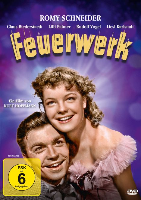 "Feuerwerk" in gelber Schrift. Darunter lächelnde Frau in rosa Kleid und lächelnder Mann, Hintergrund lila und blau.