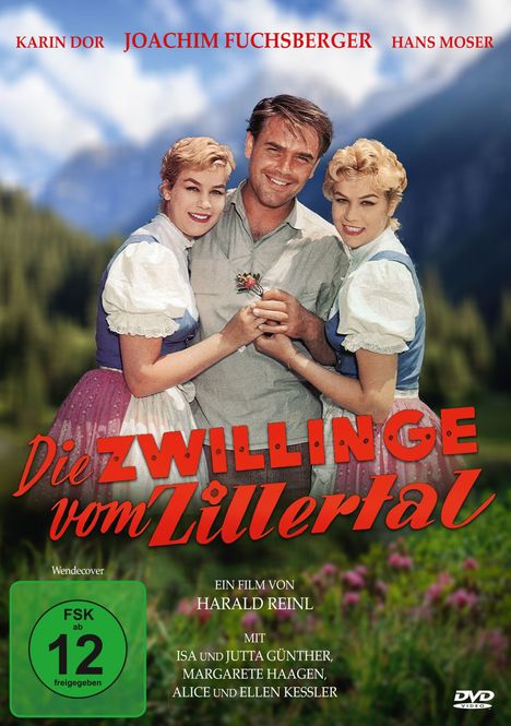 Text: "Die Zwillinge vom Zillertal". Drei lachende Personen in traditioneller Tracht vor Bergkulisse.